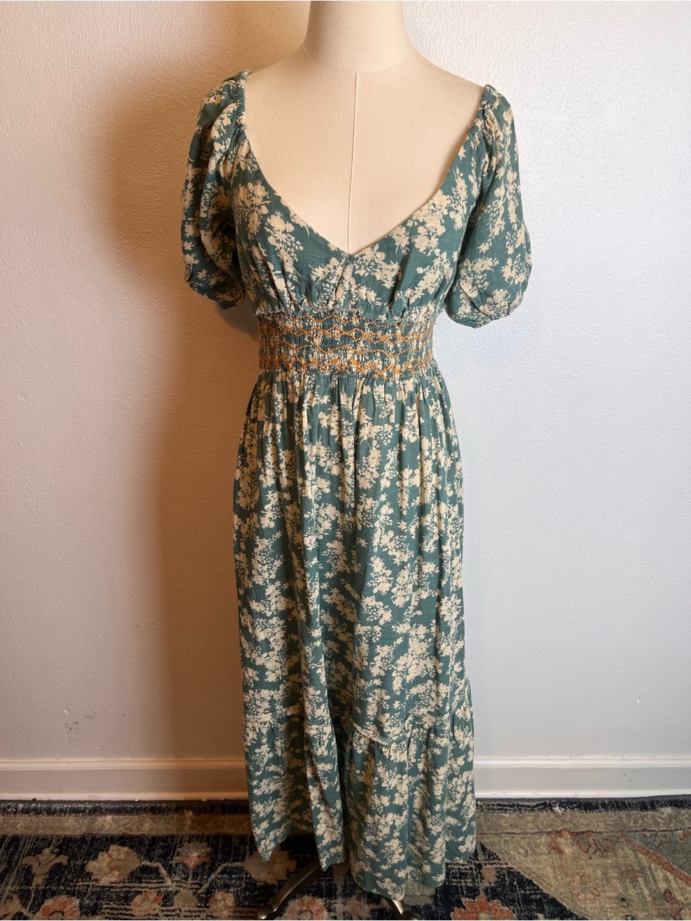 Free People Sage Green Floral Maxi Dress with Smocked Waist